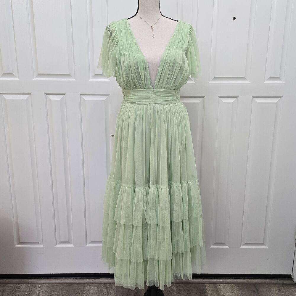 Lace & Beads Mint Green Tulle Midi Dress Fairycore Romantic Sz 8 Wedding Guest